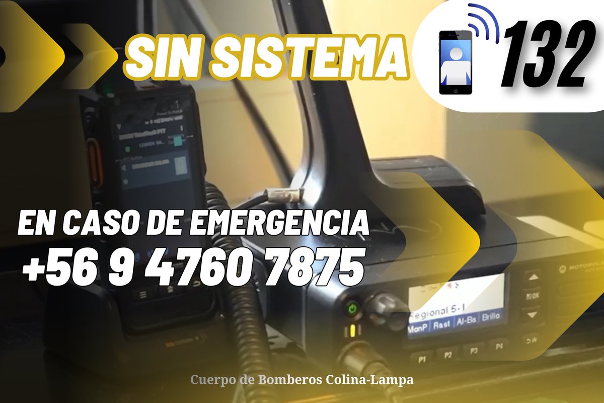 CBColina_Lampa's tweet photo. 📞📱𝟏𝟑𝟐 | Atención! Informamos que el sistema 132 se encuentra con problemas.
⚠️ En caso de Emergencias llamar al +56947607875
#CBCL #CBColinaLampa #BomberosColinaLampa #Bomberos #Colina #Lampa #bomberosdechile https://t.co/a9NpUMnEMZ