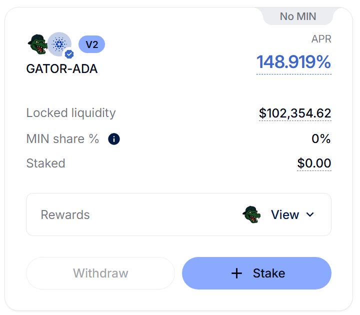 MinswapDEX's tweet photo. New LP Farming opportunity available for $GATOR!

dyor and get to LP farming with 150% APR 🔥