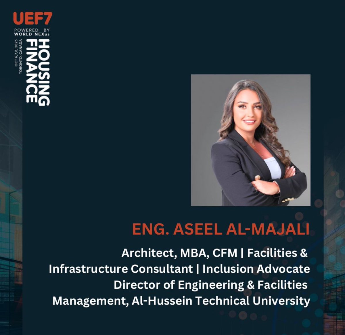 We are pleased to introduce Eng. Aseel Al Majali, a member of the Steering Committee for the 7th Urban Economy Forum (#UEF7), taking place on October 6–8, 2025, in Toronto, Canada. 

#urbanplanning #sustainabledevelopment #urbandevelopment