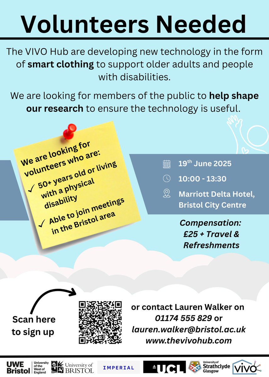 Ageing and Movement Research Group Bristol (@amrg_bristol) on Twitter photo Volunteers needed! 📣 We're looking for adult volunteers to help us shape and develop our smart clothing within the VIVO Hub Project. See the flyer for more information!!! If you can't scan the QR code you can register here:
forms.office.com/e/crd8A6NVq1 <a href="/ageuk/">Age UK (now @age_uk)</a> <a href="/AgeUKGlos/">Age UK Gloucestershire</a> Volunteers needed! 📣 We're looking for adult volunteers to help us shape and develop our smart clothing within the VIVO Hub Project. See the flyer for more information!!! If you can't scan the QR code you can register here:
forms.office.com/e/crd8A6NVq1 <a href="/ageuk/">Age UK (now @age_uk)</a> <a href="/AgeUKGlos/">Age UK Gloucestershire</a>