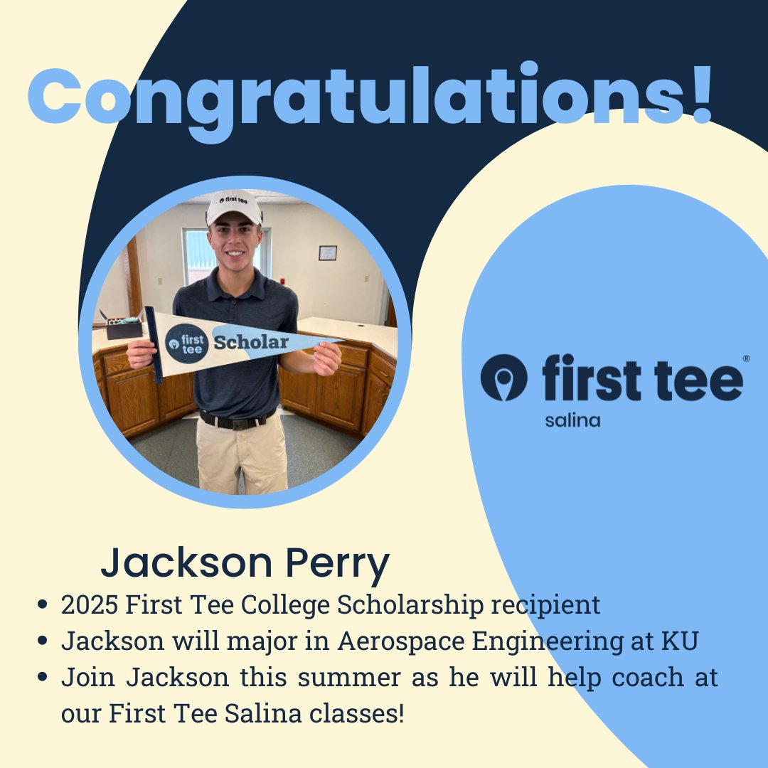 firstteesalina's tweet photo. Congratulations to Jackson Perry!  He is one of 27 recipients of the First Tee College Scholarship across over 150 chapters.  This is a highly competitive scholarship and we are proud of all Jackson has done! https://t.co/WphPBCKiPX