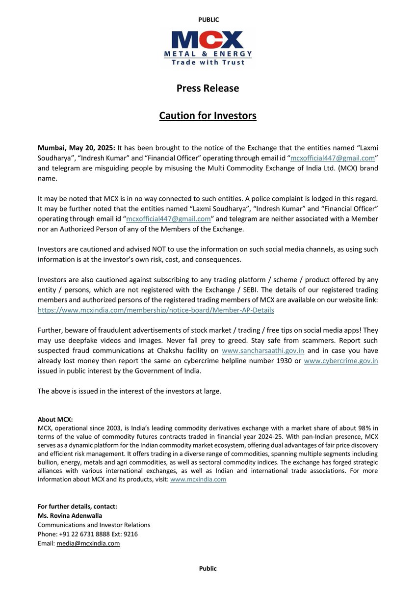 Press Release: Caution for Investors.

#InvestorCaution #InvestorAwareness #FinancialSafety #PressRelease