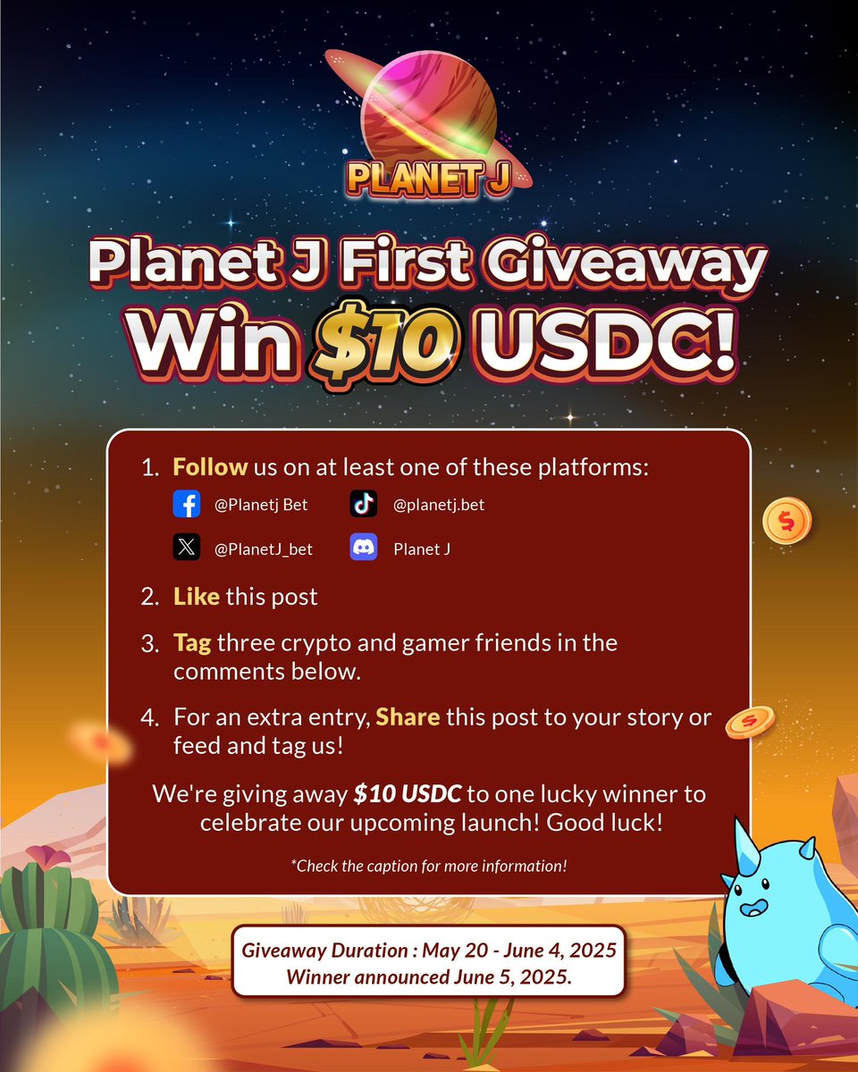 PlanetJ_bet's tweet photo. 🎉 Planet J's FIRST GIVEAWAY IS LIVE! 🎉
Win $10 USDC to celebrate our upcoming launch!
Here's how to enter:
Follow us (@PlanetJ_Bet)
Like this post
Tag 3 crypto & gamer friends below
RT for bonus entry!
Ends June, 4th! Good luck!
#PlanetJ #CryptoGiveaway #Cryptogame https://t.co/UtNQOAaeWZ