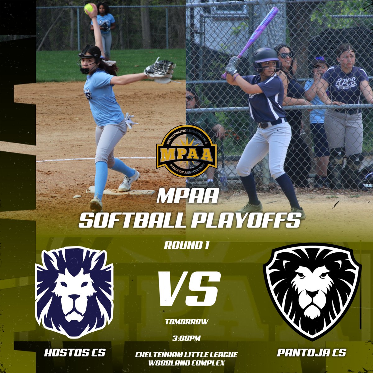 CHP Schools Athletics (@chpathletics) on Twitter photo Our Hostos CS & Pantoja CS Lions will be battling it out tomorrow to see who moves on to the Semi-Finals of this years MPAA Softball PLAYOFFS.
Start Time: 3:00PM
Location: Cheltenham Little League Woodland Complex
Who will win? #GoLIONS <a href="/mpaasports/">MPAA Sports</a> <a href="/PCSCA10/">PhilaCharterSchoolCoaches</a> <a href="/PAStateADs/">PSADA</a> Our Hostos CS & Pantoja CS Lions will be battling it out tomorrow to see who moves on to the Semi-Finals of this years MPAA Softball PLAYOFFS.
Start Time: 3:00PM
Location: Cheltenham Little League Woodland Complex
Who will win? #GoLIONS <a href="/mpaasports/">MPAA Sports</a> <a href="/PCSCA10/">PhilaCharterSchoolCoaches</a> <a href="/PAStateADs/">PSADA</a>