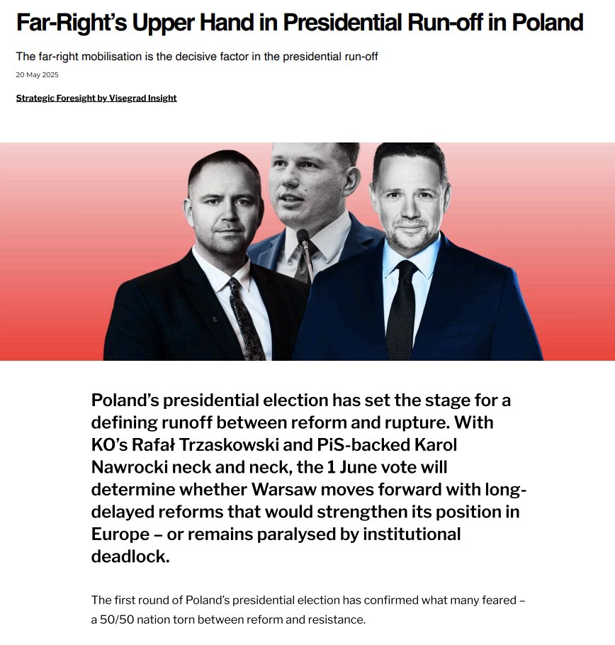 Visegrad Insight (@visegradinsight) on Twitter photo 🇵🇱🗳️Poland’s far right isn’t on the fringes anymore – it’s fractured, growing and setting the tone for the mainstream.
Click the link in the 🧵 for what to watch in the 1 June presidential showdown ⤵️ 🇵🇱🗳️Poland’s far right isn’t on the fringes anymore – it’s fractured, growing and setting the tone for the mainstream.
Click the link in the 🧵 for what to watch in the 1 June presidential showdown ⤵️