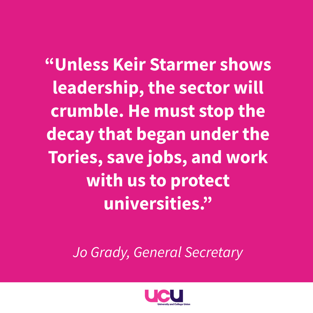 ucu's tweet photo. "Keir Starmer must show leadership before the sector crumbles. Financially vulnerable universities are at risk." @DrJoGrady 

We urge him to work with us to stop the decay that began under the tories.  

#UCU #Stopthecuts #protecteducationnow https://t.co/aSRuDGI5XT