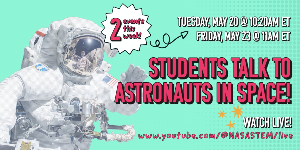 NASA STEM (@nasastem) on Twitter photo Double the fun! āļø
Hop on over to our YouTube channel to check out two special events with <a href="/NASA_Astronauts/">NASA Astronauts</a> on the <a href="/Space_Station/">International Space Station</a> this week.
1ļøā£ Tuesday, May 20 at 10:20am ET
2ļøā£ Friday, May 23 at 11am ET
Watch: youtube.com/@NASASTEM/stre⦠Double the fun! āļø
Hop on over to our YouTube channel to check out two special events with <a href="/NASA_Astronauts/">NASA Astronauts</a> on the <a href="/Space_Station/">International Space Station</a> this week.
1ļøā£ Tuesday, May 20 at 10:20am ET
2ļøā£ Friday, May 23 at 11am ET
Watch: youtube.com/@NASASTEM/streā¦