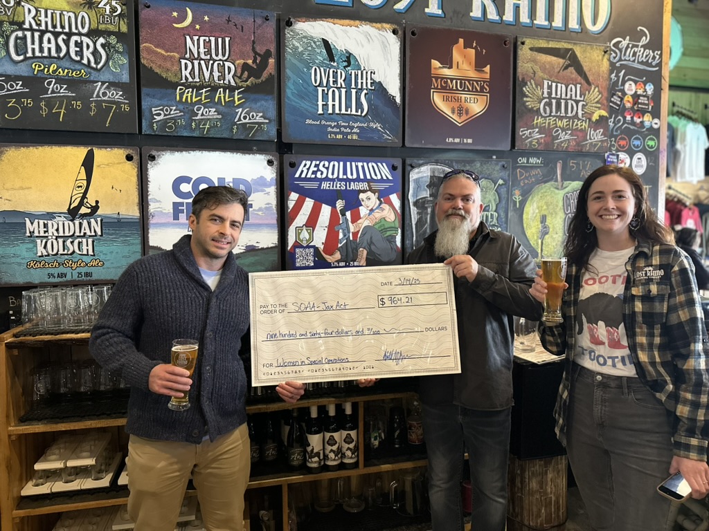 SOAAorg's tweet photo. Throughout the last several months @LostRhino has raised more than $1500 in support of the Jax Act with a special beer release event and through donating a percentage of sales.

We're diligently working with Congress to re-introduce the Bill that will recognize CSTs and mandate the VA to re-evaluate the 310 women who were assessed and selected for the CST program.

Support the JAX ACT, support SOAA. We're so grateful for Lost Rhino Brewery, who is a Ashburn based brewery that is veteran owned and gives back by supporting the veteran and first responder community. #SpecialOperations #JaxACT