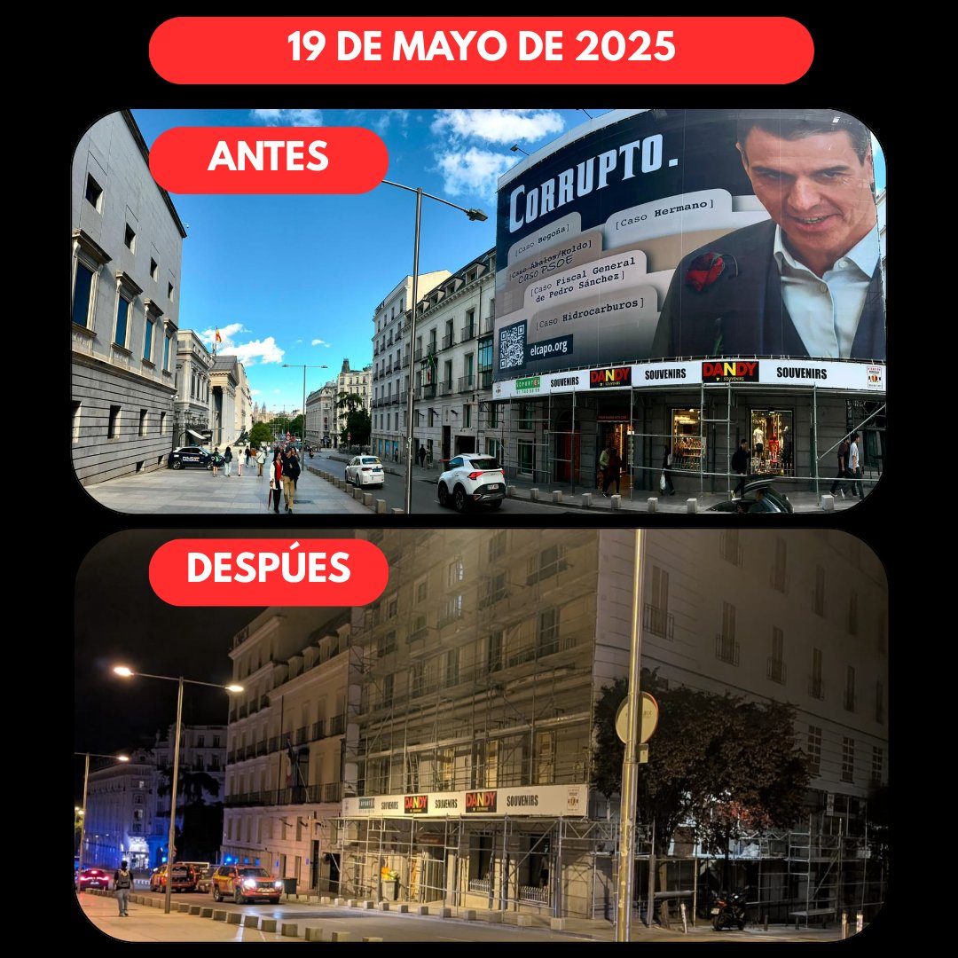 _DistritoTV's tweet image. 📆 19 de mayo de 2025
🟥 ANTES: El grupo @hazteoir  cuelga una lona gigante al frente del @Congreso_Es  de #Madrid señalando al #presidente @sanchezcastejon  como #corrupto.
🟥 HORAS DESPUÉS: Esa misma noche, la lona es retirada a toda prisa.

➡️El Gobierno tardó menos de 24…