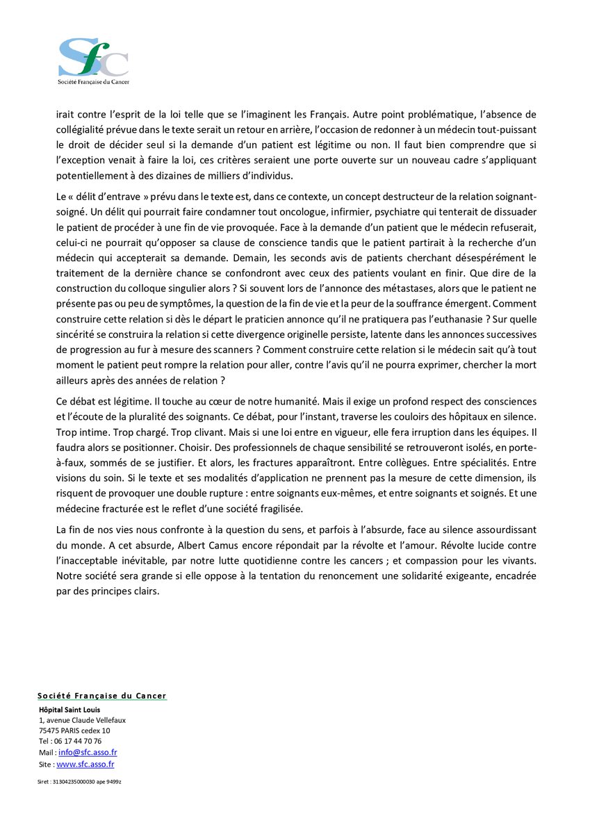 Le débat si profondément humain sur la fin de vie nous engage collectivement : il doit aboutir à des principes clairs, une solidarité exigeante et le respect des consciences. 
Voici le communiqué de ce 20/05/2025 du Dr Manuel Rodrigues de la Société Française du Cancer