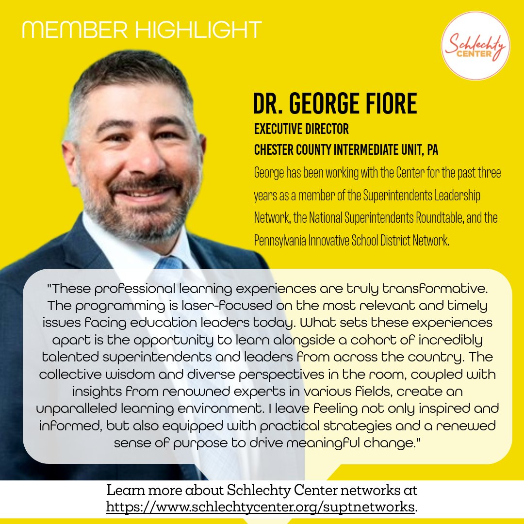 Schlechty Center (@schlechtycenter) on Twitter photo Today, we’re proud to spotlight Dr. George Fiore of CCIU, whose impactful membership has strengthened our networks in just a few short years. Learn more about our networks at schlechtycenter.org/suptnetworks <a href="/GeorgeFiore/">George Fiore</a> <a href="/CCIU_24/">Chester County Intermediate Unit</a> <a href="/drstevemac1/">Dr. Steve McCammon</a> <a href="/natsupers/">NSR</a> Today, we’re proud to spotlight Dr. George Fiore of CCIU, whose impactful membership has strengthened our networks in just a few short years. Learn more about our networks at schlechtycenter.org/suptnetworks <a href="/GeorgeFiore/">George Fiore</a> <a href="/CCIU_24/">Chester County Intermediate Unit</a> <a href="/drstevemac1/">Dr. Steve McCammon</a> <a href="/natsupers/">NSR</a>