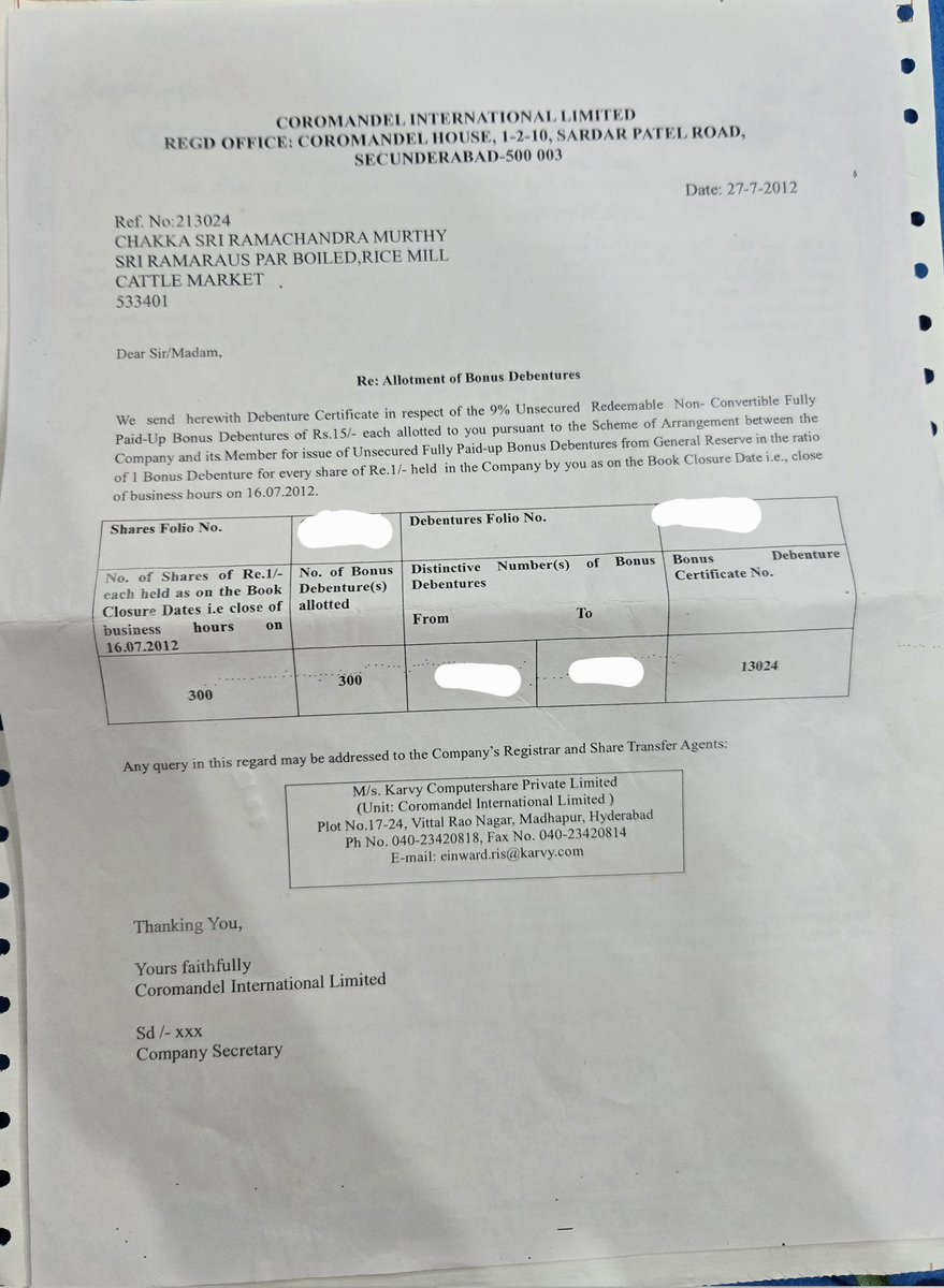 RohanCh75484279's tweet photo. My grandfather gave me 300 debentures of Coromandel International ltd from 2012 in physical format. Can anyone guide me how to liquidate these please? @ipo_agarwal @ipo_mantra @Team_IPOMantra @ipoji_ @nakulvibhor @daytradertelugu @moneycontrolcom @SEBI_updates https://t.co/HHplquUlNW