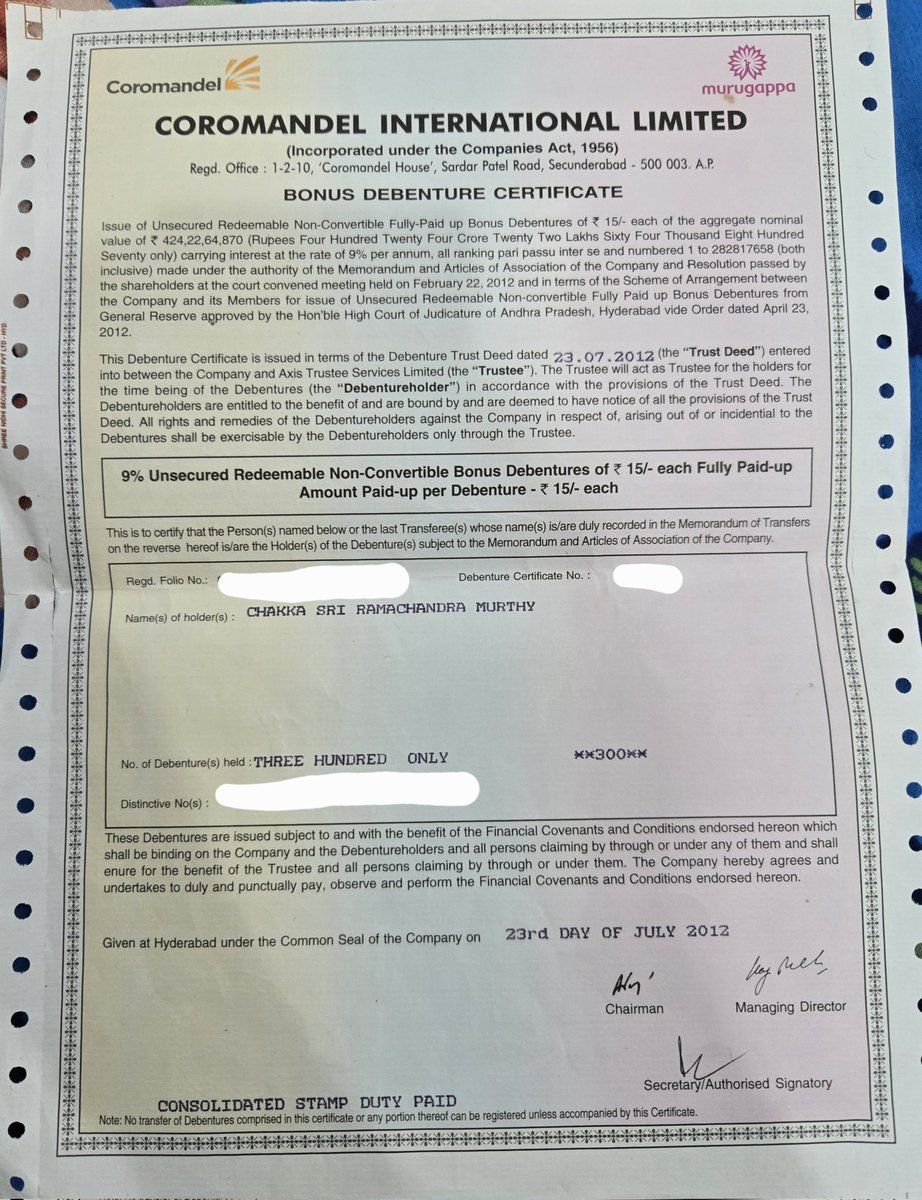 RohanCh75484279's tweet photo. My grandfather gave me 300 debentures of Coromandel International ltd from 2012 in physical format. Can anyone guide me how to liquidate these please? @ipo_agarwal @ipo_mantra @Team_IPOMantra @ipoji_ @nakulvibhor @daytradertelugu @moneycontrolcom @SEBI_updates https://t.co/HHplquUlNW
