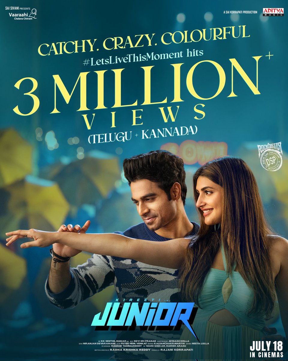Vaaraahi Chalana Chitram (@vaaraahicc) on Twitter photo CATCHY. CRAZY. COLOURFUL❤🔥
#Junior first single #LetsLiveThisMoment Lyrical video hits 3️⃣M+ views in Telugu & Kannada, trending on ▶️ for music💥
A Rockstar <a href="/ThisIsDSP/">DEVI SRI PRASAD</a> musical 🎸
Telugu▶️ youtu.be/JKU-aHVR5DY
Sung by <a href="/JaspreetJasz/">Jaspreet Jasz</a> CATCHY. CRAZY. COLOURFUL❤🔥
#Junior first single #LetsLiveThisMoment Lyrical video hits 3️⃣M+ views in Telugu & Kannada, trending on ▶️ for music💥
A Rockstar <a href="/ThisIsDSP/">DEVI SRI PRASAD</a> musical 🎸
Telugu▶️ youtu.be/JKU-aHVR5DY
Sung by <a href="/JaspreetJasz/">Jaspreet Jasz</a>