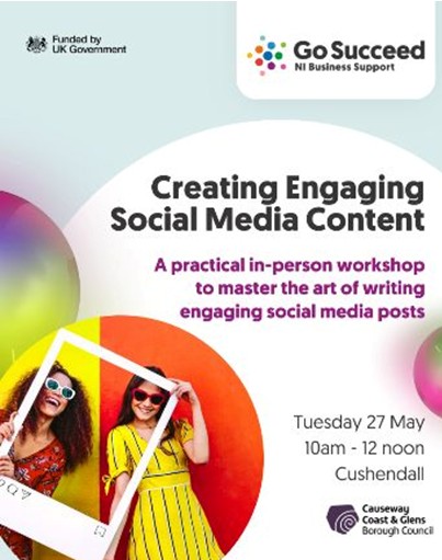 VisitCauseway's tweet image. Join Go Succeed's free 'Creating Engaging Social Media Content' workshop to master the art of writing engaging social media posts.
Learn strategies for storytelling, visual design & platform optimisation!
In person at Cushendall Innovation Centre
Book 👉 bit.ly/3S9YHiD
