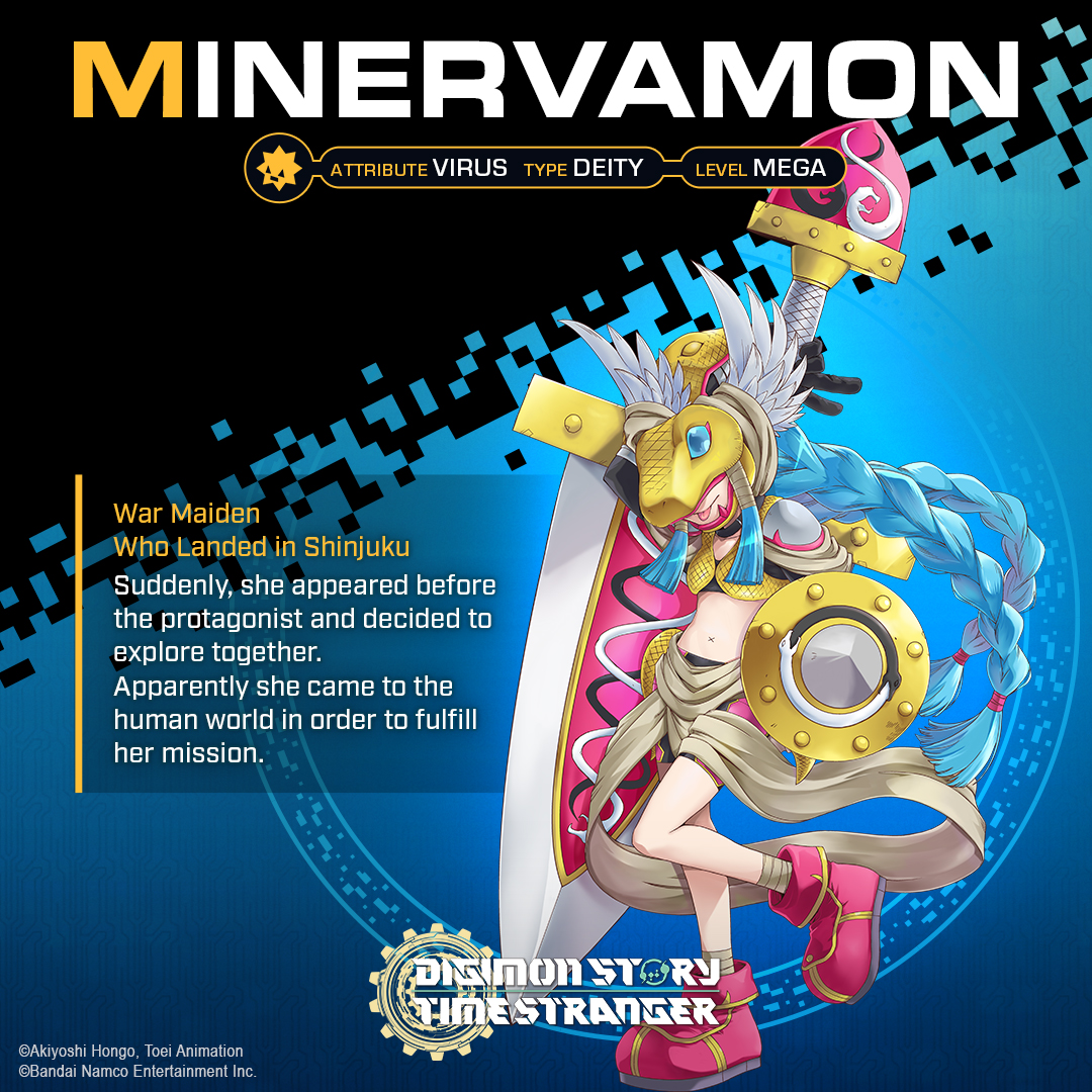 Minervamon
War Maiden Who Landed in Shinjuku

Suddenly, she appeared before the protagonist and decided to explore together.
Apparently she came to the human world in order to fulfill her mission.

#TimeStranger