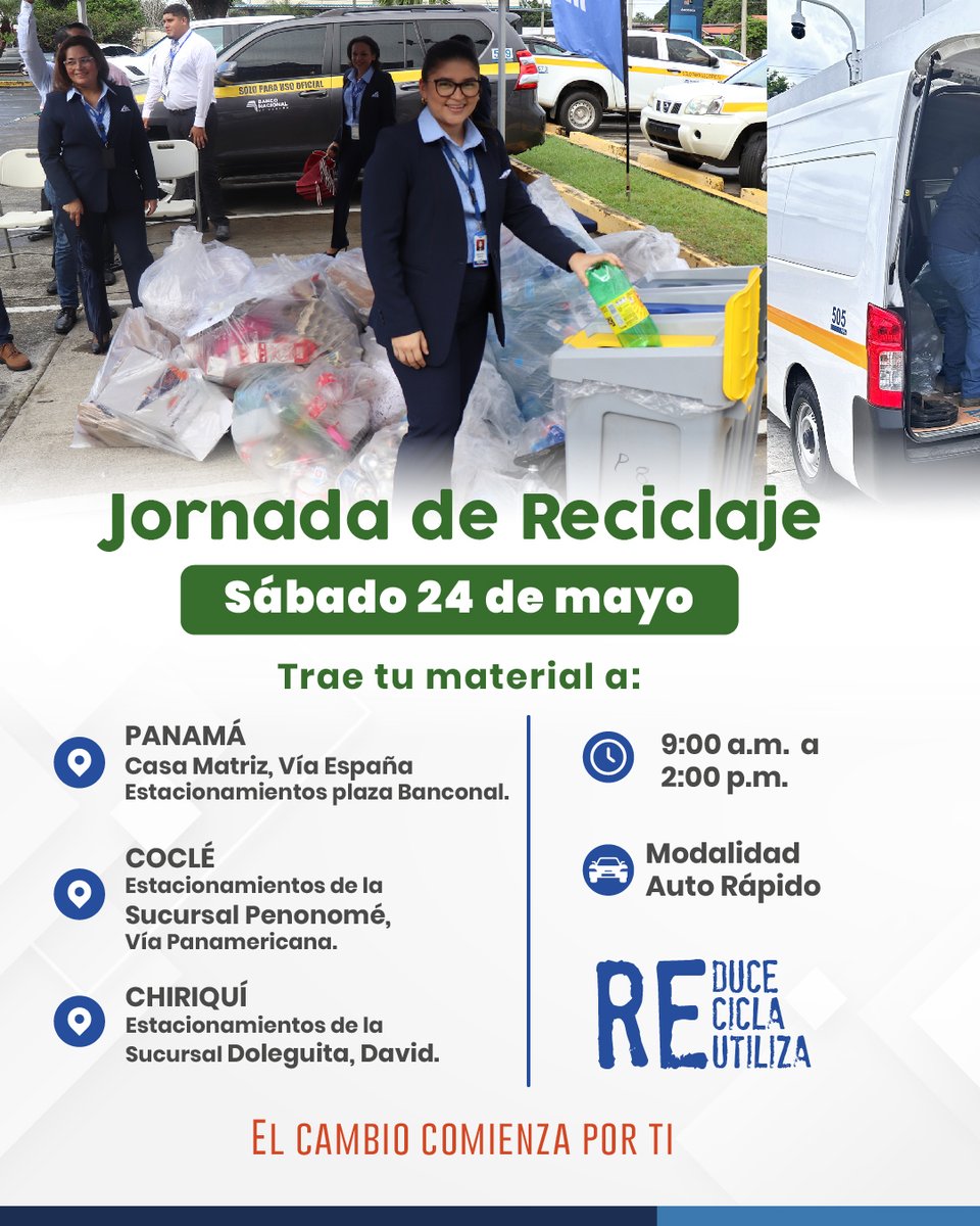 banconalpa's tweet photo. Este sábado 24 de mayo de 2025, damos el primer paso hacia un futuro más sostenible con nuestra primera jornada de reciclaje abierta al público. ♻️
Como parte de nuestro compromiso con la transformación organizacional y una gestión responsable alineada a los más altos estándares internacionales, te invitamos a ser parte de esta iniciativa que incorpora criterios ASG (Ambientales, Sociales y de Gobernanza).

¡Únete a nosotros y haz la diferencia! 🌍💚
📍 Ubicaciones:

    Sucursal Casa Matriz

    Sucursal Penonomé (Panamericana)

    Sucursal Doleguita (David)

⏰ Horario: De 9:00 a.m. a 2:00 p.m.
Esta iniciativa invita a nuestros clientes y aliados a ser parte activa de nuestra estrategia ambiental, sumando esfuerzos para lograr un impacto positivo juntos. 🌱
¡No faltes! Es el momento de unirte a este cambio que beneficia a todos. ♻️💚 #BanconalAmbiental #BanconalSostenible