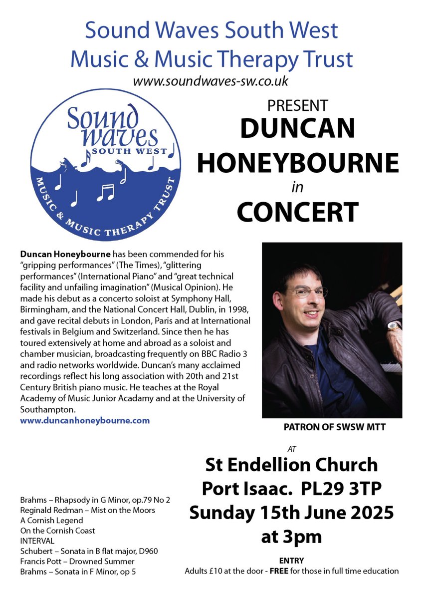 🎹 Don’t miss acclaimed pianist Duncan Honeybourne live in concert!

🗓 Sun 15 June, 3pm
📍 St Endellion Church, Port Isaac
🎟 £10 on the door | Free for students

Enjoy music by Brahms, Schubert, Redman &amp; more in a beautiful setting.

More info: soundwaves-sw.co.uk