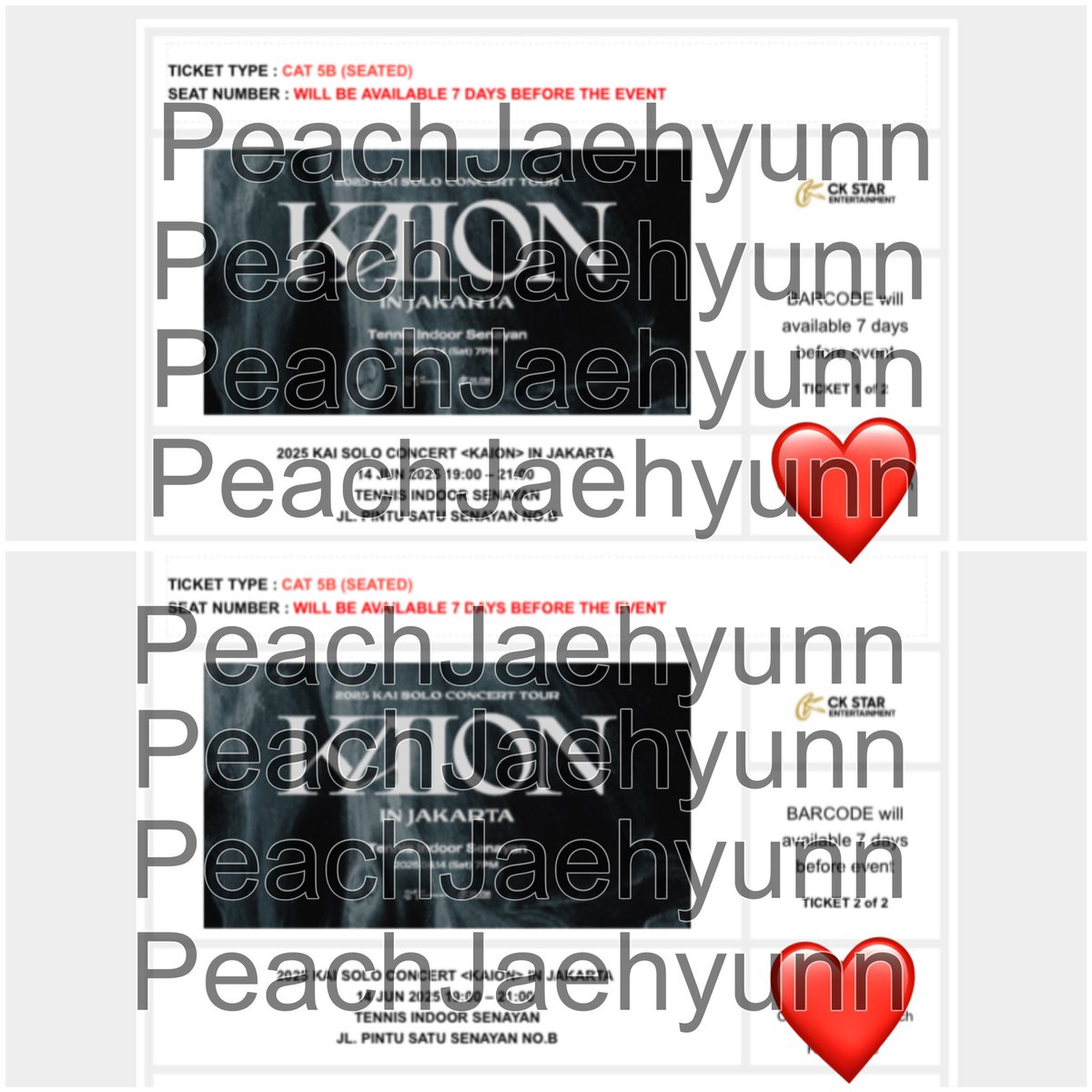 PeachJaehyunn_'s tweet photo. Halo gais aku mau 
WTS Tiket konser KAION 
Cat 5B (2tix)

💰1.500.000 / tix

Co bareng jadi kemungkinan seat sampingan
Dan aku war sendiri

Alasan dijual karna ternyata gak dapet ijin

For more details &amp; proof bisa langsung pc aja

#wts #sell #tiketkonser #KAIONjkt #kai https://t.co/68d2z1t9YL