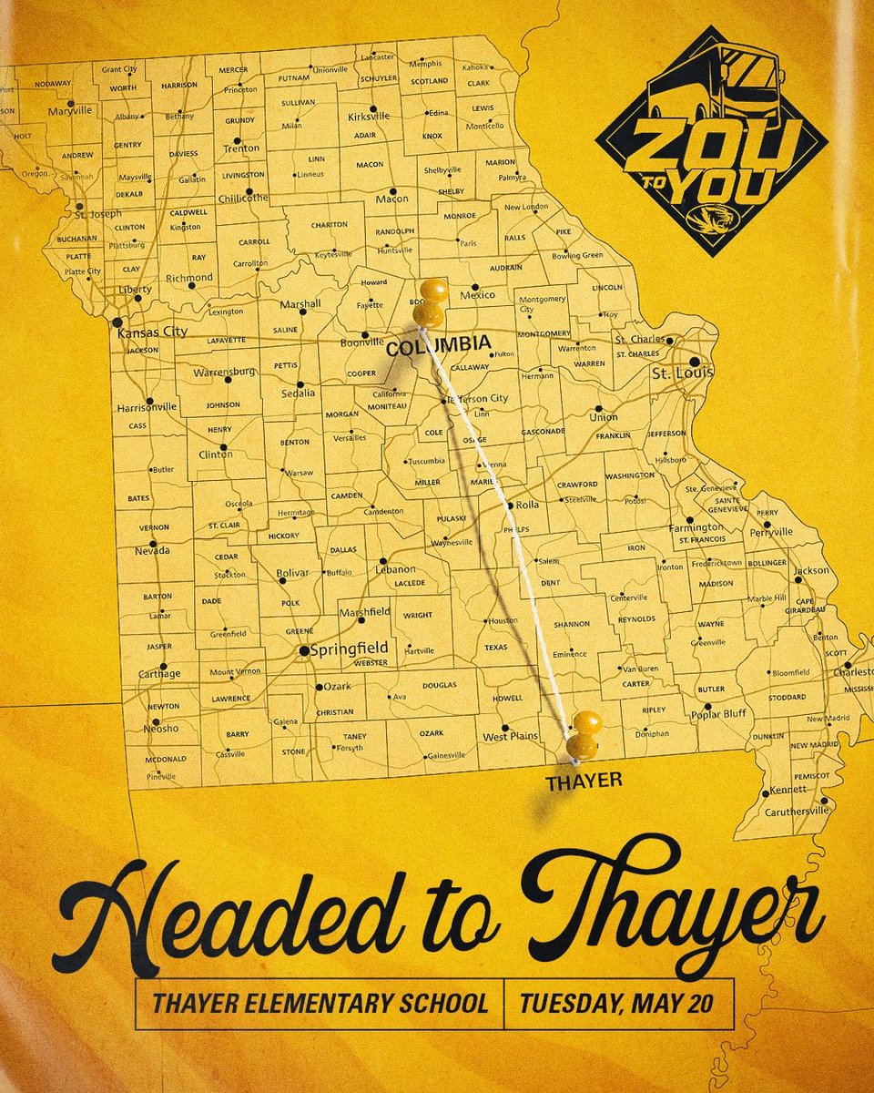 Angeliqueee32's tweet photo. Tiger fans in Thayer, this one's for you
ZOU to YOU rolls
into Thayer Elementary School on May 20th at 1 PM. Go meet the squad and bring the Mizzou pride!
#ZOUtoYOU #MizzouAthletics
#BlackAndGold https://t.co/d34QlW91ac