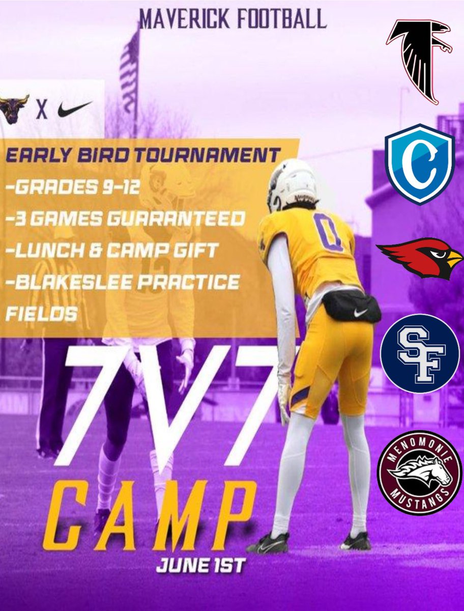 Todd A. Taylor Jr. (@todd_taylor28) on Twitter photo Excited to have <a href="/MenomonieFB/">Menomonie Football</a> added to our 7 v 7 Early Bird tournament on June 1st!
Link below to sign up!
maverickfootballcamps.com
<a href="/MenomonieFB/">Menomonie Football</a>
<a href="/falcontrack1/">Abbotsford falcon track/fball</a>
<a href="/sffbteam/">SF Football</a>
<a href="/BoltIowa/">Carroll Chargers</a>
<a href="/cotter_football/">Cotter Football</a>
<a href="/FBACardinals/">FBA Cardinals</a> Excited to have <a href="/MenomonieFB/">Menomonie Football</a> added to our 7 v 7 Early Bird tournament on June 1st!
Link below to sign up!
maverickfootballcamps.com
<a href="/MenomonieFB/">Menomonie Football</a>
<a href="/falcontrack1/">Abbotsford falcon track/fball</a>
<a href="/sffbteam/">SF Football</a>
<a href="/BoltIowa/">Carroll Chargers</a>
<a href="/cotter_football/">Cotter Football</a>
<a href="/FBACardinals/">FBA Cardinals</a>