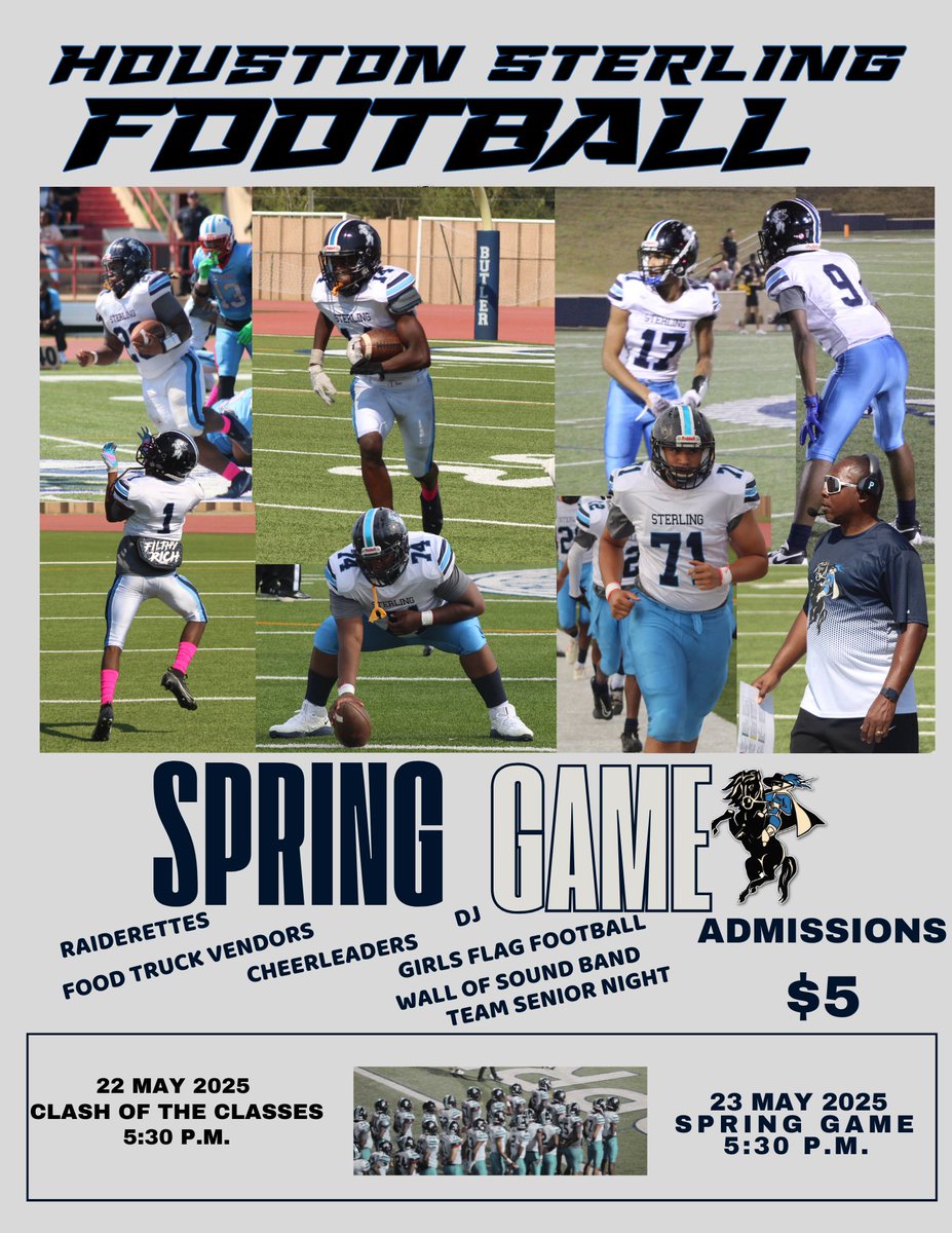 Come out and support your 2025 Sterling Raiders Football Team in the annual Spring Game  <a href="/housterlingath1/">housterlingathletics</a> 
#WeOwe