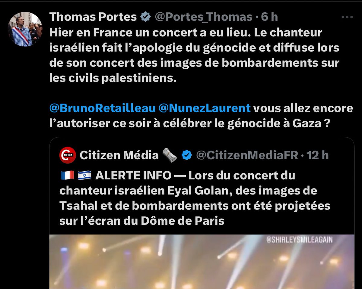 SwordOfSalomon's tweet photo. 🚨 FAKE NEWS : Contrairement à ce qu’affirme le député pro-Hamas @Portes_Thomas, reprenant les mensonges du compte antisémite @CitizenMediaFR, AUCUNE "image de bombardement sur des civils palestiniens" n’a été projetée lors du concert d’Eyal Golan à Paris.

Il s’agissait d’un montage commémoratif retraçant l’histoire des grandes guerres fondatrices d’Israël :
Indépendance (1948), Six Jours (1967) et Kippour (1973) 🎞️🇮🇱

Aucun rapport avec Gaza ❌