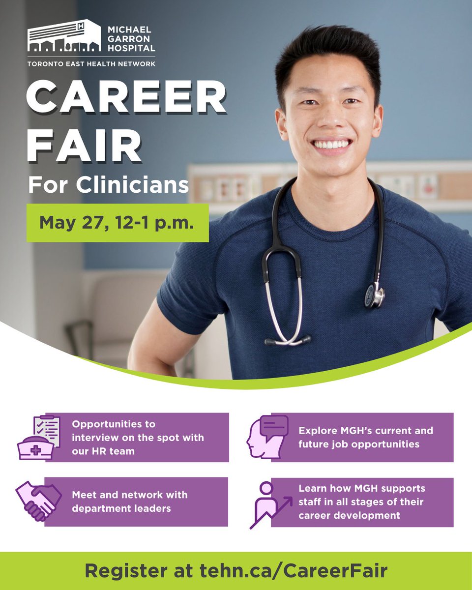 You’re invited to the MGH Career Fair for clinicians on May 27! Register: tehn.ca/CareerFair 
 
🤝 Meet and network with our department leaders and have opportunities to interview on the spot with our HR team! 

#Nursing #NursingJobs #AlliedHealth #HospitalJobs #WeAreHiring