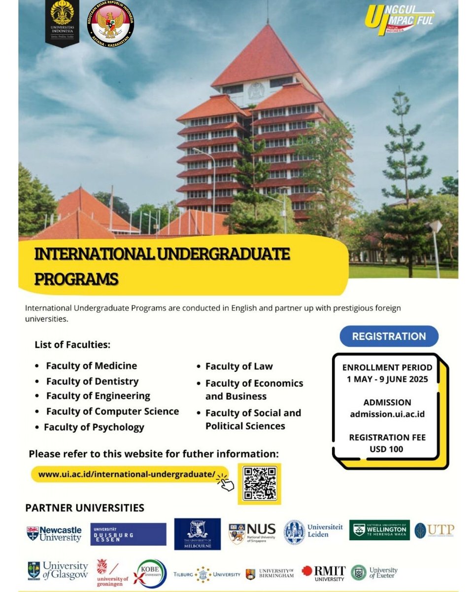 Universitas Indonesia (Университет Индонезия) приглашает абитуриентов из Казахстана на международную программу бакалавриата и магистерскую стипендиальную программу New UI GREAT 2025 Batch 2. Просим подать заявку с 1 мая по 9 июня 2025 года.

#inidiplomasi