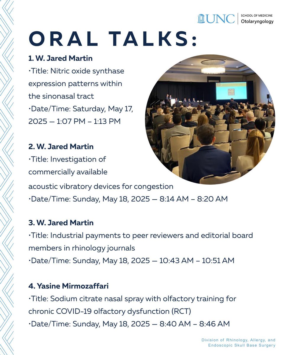 UNC_ENT's tweet photo. The Rhino Division had 10 trainee-led presentations — including 4 oral talks, 6 posters at ARS 2025.
#ARS2025 #RhinoDivision #Rhinology #MedicalResearch #PosterPresentation #OralPresentation #ENTResearch #AcademicMedicine #UNCENT #ResearchExcellence #GradResearch #SinusHealth https://t.co/bsi9wTX6ie