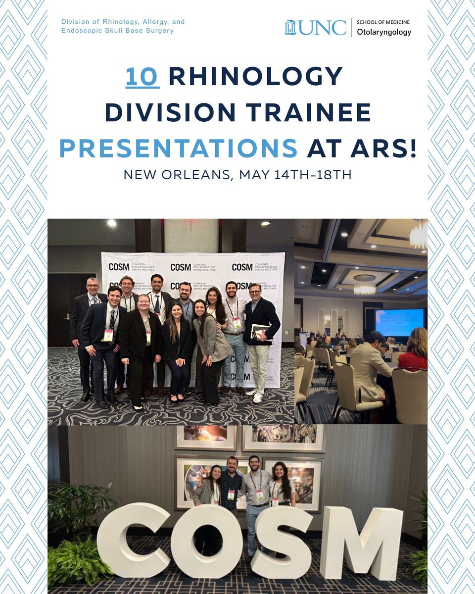 UNC_ENT's tweet photo. The Rhino Division had 10 trainee-led presentations — including 4 oral talks, 6 posters at ARS 2025.
#ARS2025 #RhinoDivision #Rhinology #MedicalResearch #PosterPresentation #OralPresentation #ENTResearch #AcademicMedicine #UNCENT #ResearchExcellence #GradResearch #SinusHealth https://t.co/bsi9wTX6ie