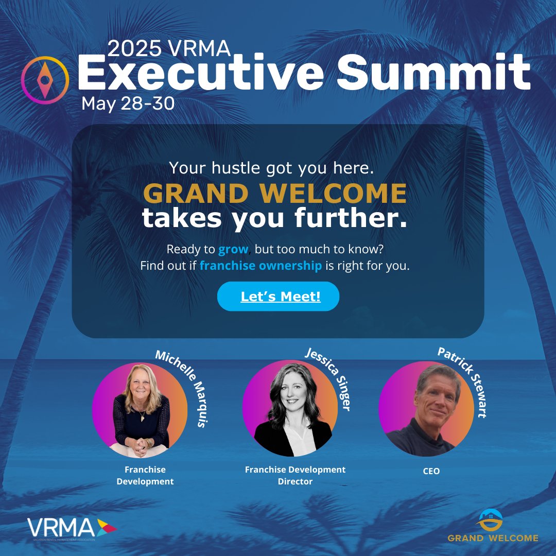 Come meet our expert team at the VRMA Executive Summit, May 28-30 in Miami. Learn how we are helping vacation rental managers grow! 

Schedule a time to meet with Jessica Singer: calendly.com/jessica-singer…

#jessicasinger #MichelleMarquis #patrickstewart #grandwelcome