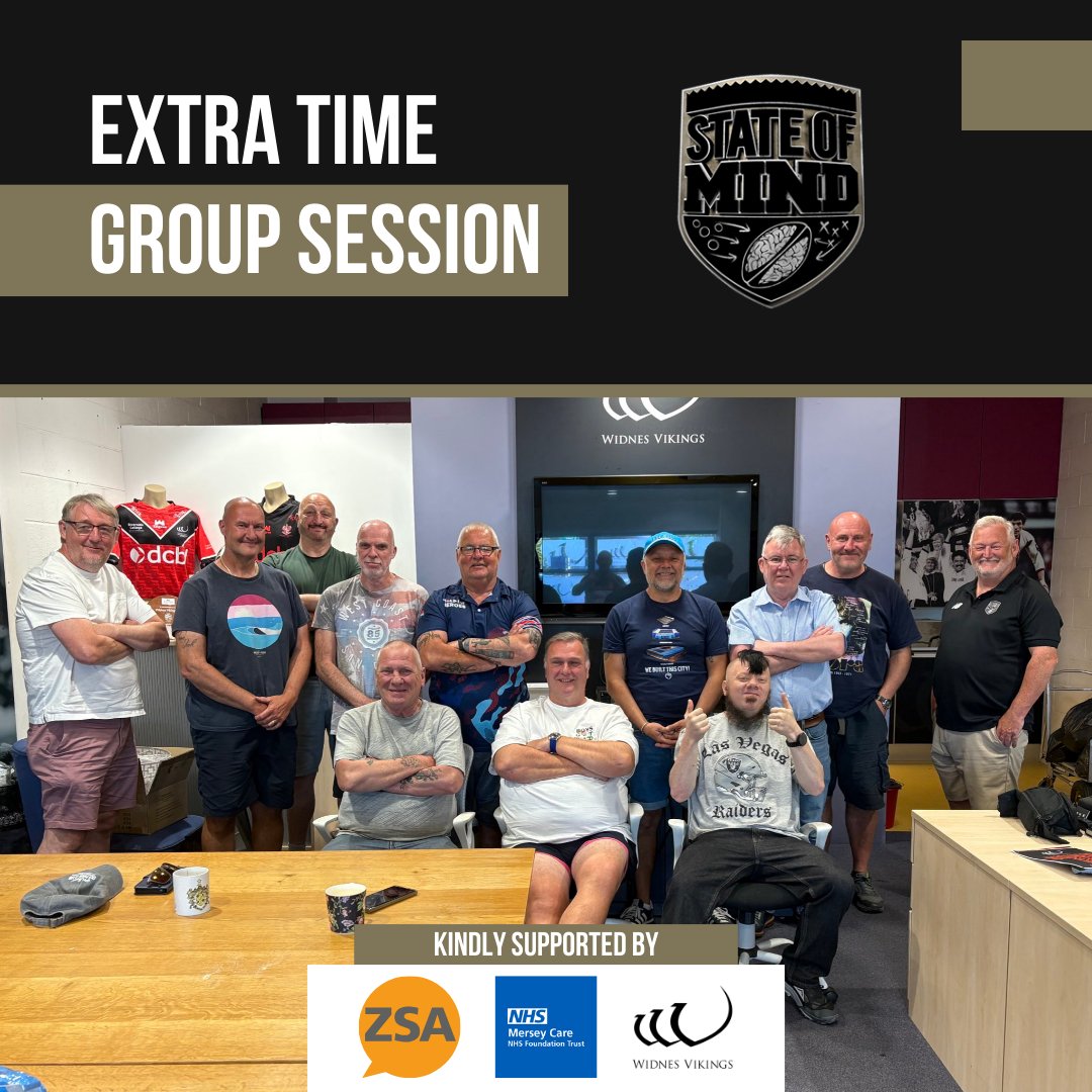 State of Mind (@stateofmindsprt) on Twitter photo Do you have something on your mind or just fancy a chat? Men looking to boost their mental fitness are invited to attend our latest Extra Time Group session! ๐ฅ๐
Join us at <a href="/WidnesRL/">Widnes Vikings</a>'s DCBL Stadium from 6:30pm this evening.
๐ค Kindly supported by <a href="/Zer0Suicide/">Zero Suicide Alliance</a> & <a href="/Mersey_Care/">Mersey Care NHS FT ๐ณ๏ธโ๐</a> Do you have something on your mind or just fancy a chat? Men looking to boost their mental fitness are invited to attend our latest Extra Time Group session! ๐ฅ๐
Join us at <a href="/WidnesRL/">Widnes Vikings</a>'s DCBL Stadium from 6:30pm this evening.
๐ค Kindly supported by <a href="/Zer0Suicide/">Zero Suicide Alliance</a> & <a href="/Mersey_Care/">Mersey Care NHS FT ๐ณ๏ธโ๐</a>