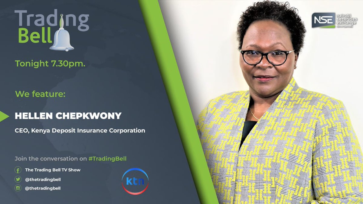 Tonight on <a href="/thetradingbell/">The Trading Bell</a>, we speak with the @KDICKenya CEO Hellen Chepkwony on how the institution protects your money and strengthens Kenya’s financial stability. From policy to payouts and more- here’s how the banking safety net really works.
<a href="/chegemaina/">MC</a> @nse_plc
#KDIC