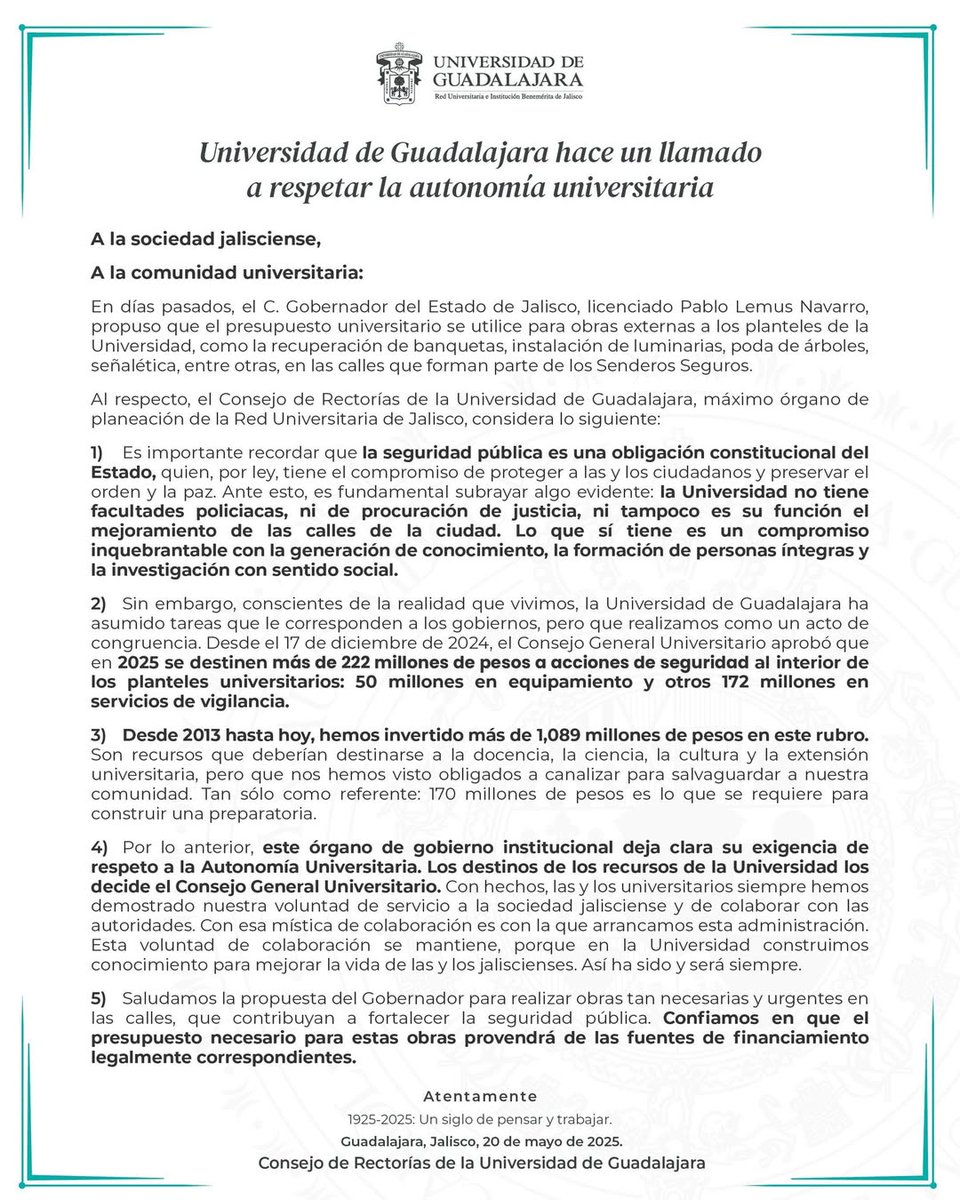 DayeUdG's tweet photo. #ComunicadoUdeG
La Universidad de Guadalajara hace un llamado a respetar la autonomía universitaria.
Te compartimos los detalles: https://t.co/bxHhDB0pfE