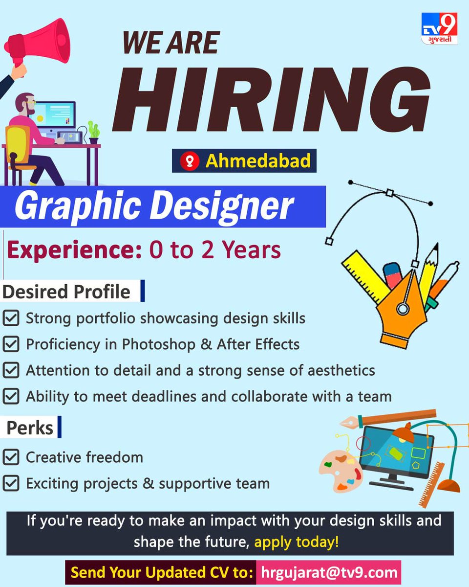 tv9gujarati's tweet photo. TV9 Gujarati is Hiring Graphic Designers in Ahmedabad! Unleash your creativity and work with a dynamic team on exciting projects | TV9Gujarati
#GraphicDesignerJobs #TV9Gujarati #AhmedabadJobs #DesignCareers #CreativeHiring #PhotoshopJobs #AfterEffects #JoinOurTeam #DesignerLife #FreshersWelcome #Gujarat #TV9Gujarati