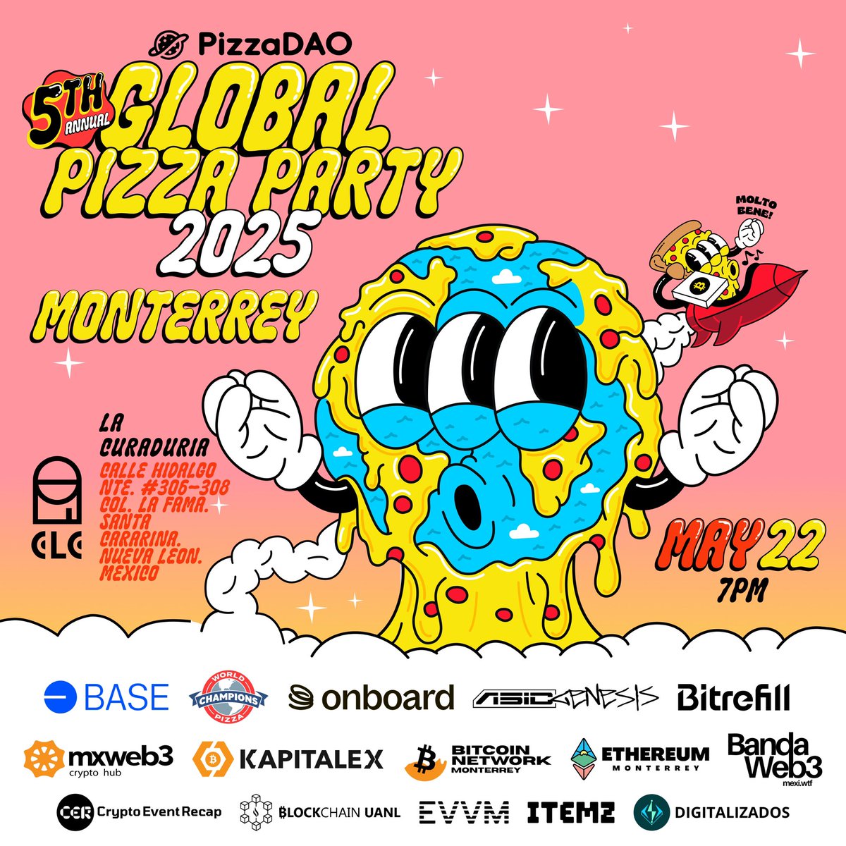 coderal (@coderal_xyz) on Twitter photo Desde 2021, se han realizado 4 ediciones del #GlobalPizzaParty, conectando a miles de personas apasionadas por la descentralización, la tecnología y la pizza. Ya estamos a 2 días
<a href="/Pizza_DAO/">PizzaDAO.eth 🍕🏴☠️</a> <a href="/RarePizzas/">Rare Pizzas NFT 🍕🤌</a> <a href="/base/">Base</a> <a href="/OnboardGlobal/">Onboard</a>
Ya reclamaste tu ticket?
app.unlock-protocol.com/event/global-p… Desde 2021, se han realizado 4 ediciones del #GlobalPizzaParty, conectando a miles de personas apasionadas por la descentralización, la tecnología y la pizza. Ya estamos a 2 días
<a href="/Pizza_DAO/">PizzaDAO.eth 🍕🏴☠️</a> <a href="/RarePizzas/">Rare Pizzas NFT 🍕🤌</a> <a href="/base/">Base</a> <a href="/OnboardGlobal/">Onboard</a>
Ya reclamaste tu ticket?
app.unlock-protocol.com/event/global-p…