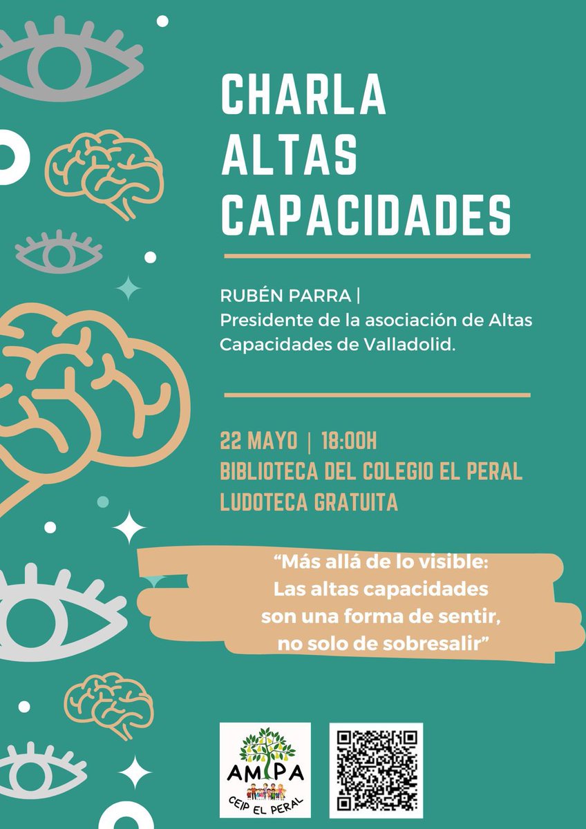 ampaelperal's tweet photo. 📢 Charla sobre #AltasCapacidades
🧠 Rubén Parra (presidente de ACYLAC)
📍 Biblioteca CEIP El Peral
📅 Jueves 22 mayo · 18:00h
👥 Abierta a todos
👶 Ludoteca gratuita
📝 Inscripción: https://t.co/cf6qf9cxU6…
#Valladolid #Educación https://t.co/DhE3AaHD6D