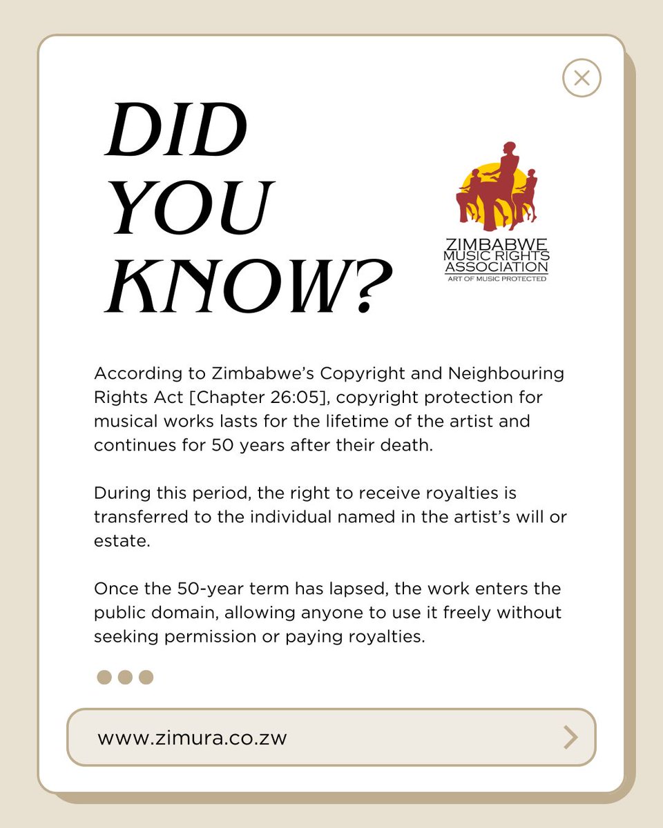 According to Zimbabwe’s Copyright and Neighbouring Rights Act [Chapter 26:05], copyright protection for musical works lasts for the lifetime of the artist and continues for 50 years after their death.

During this period, the right to receive royalties is transferred to the