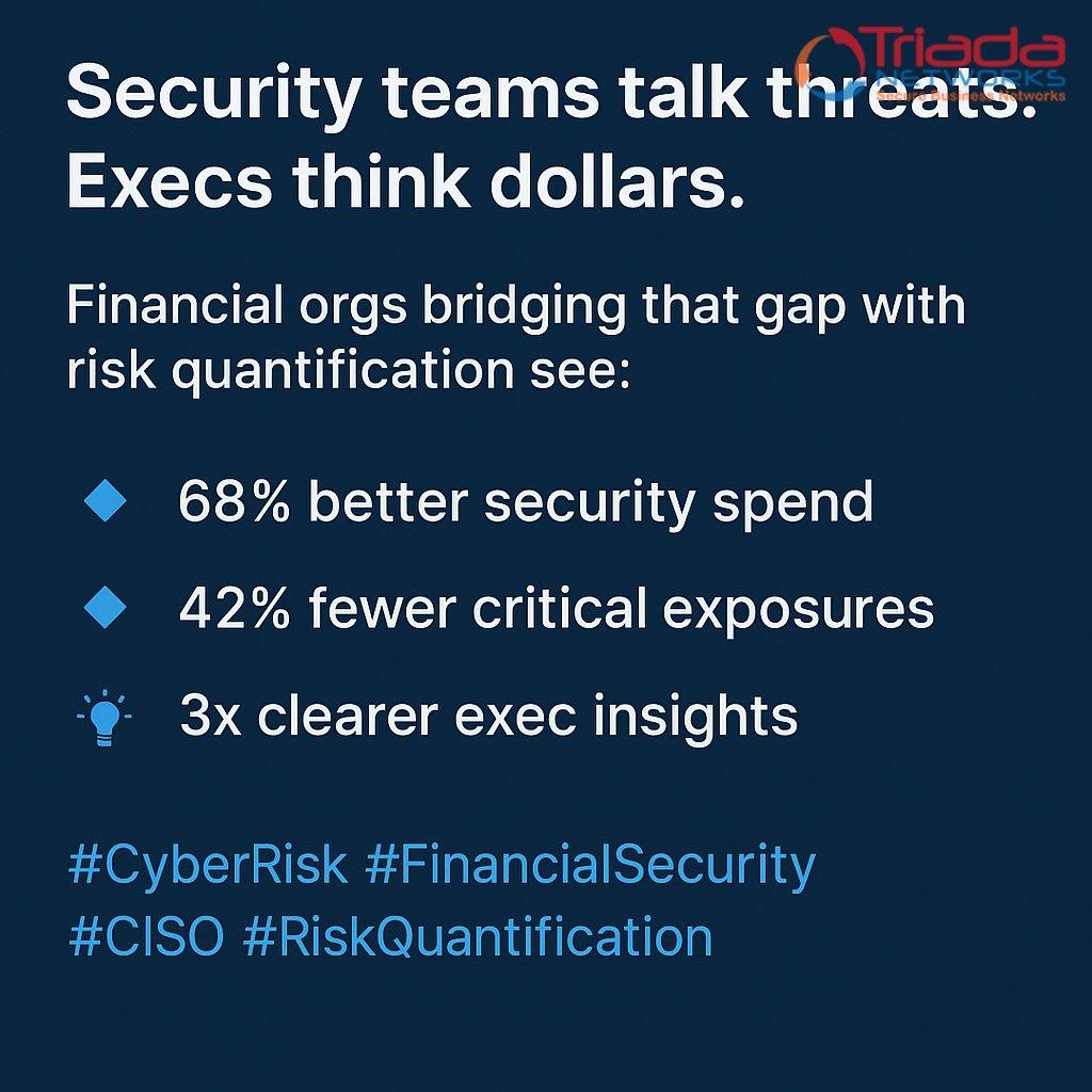 Security teams talk threats. Execs think dollars.
Financial orgs bridging that gap with **risk quantification** see:
🔹 68% better security spend
🔹 42% fewer critical exposures
🔹 3x clearer exec insights

#CyberRisk #FinancialSecurity #CISO #RiskQuantification