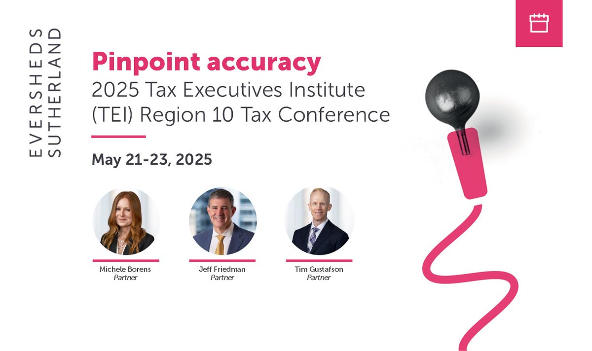 Eversheds Sutherland SALT (@essaltlaw) on Twitter photo SALT Partners Michele Borens, Jeff Friedman & Tim Gustafson are pleased to join <a href="/TEI_tax/">Tax Executives Institute</a> Region 10’s 2025 Tax Conference. Panels will cover issues and developments in apportionment as well as federal and state conformity. Find out more & register: esglobal.law/3Sc6r3K SALT Partners Michele Borens, Jeff Friedman & Tim Gustafson are pleased to join <a href="/TEI_tax/">Tax Executives Institute</a> Region 10’s 2025 Tax Conference. Panels will cover issues and developments in apportionment as well as federal and state conformity. Find out more & register: esglobal.law/3Sc6r3K
