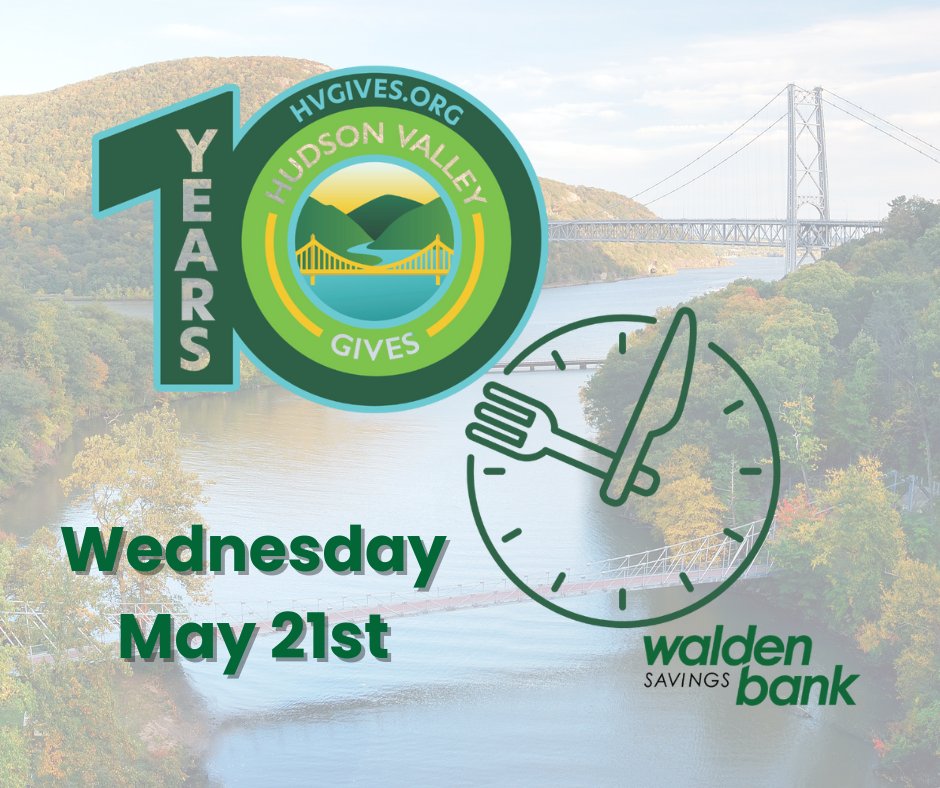 Tomorrow is the big day! HV Gives is a day to come together and support the amazing nonprofits making a difference in the Hudson Valley! 💙

Walden Savings Bank is excited to bring to you the Lunchtime "Break the Bank" match. Online donations will be matched, up to $25, during