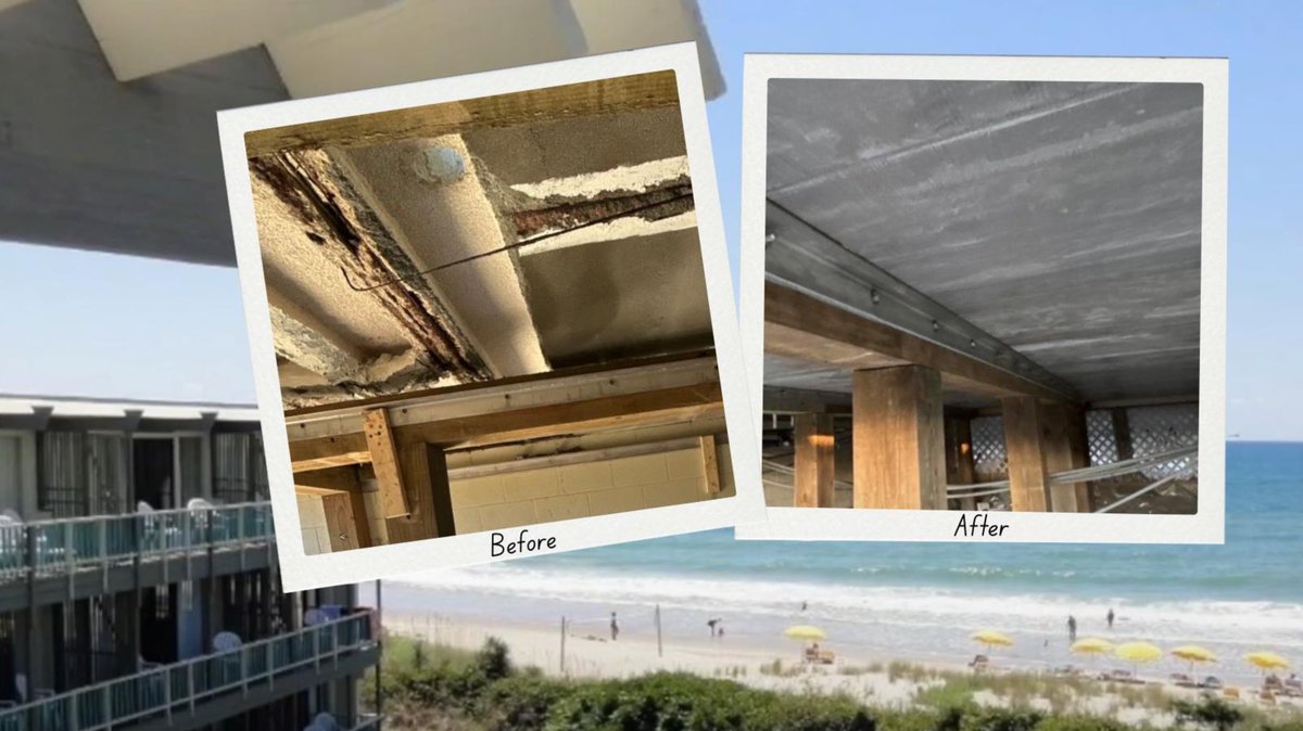 QuakeWrap's tweet photo. A before and after of a repair on this oceanfront lodge in Pine Knoll Shores, NC using our SPiRe+ panels! https://t.co/fIztkw0qwT