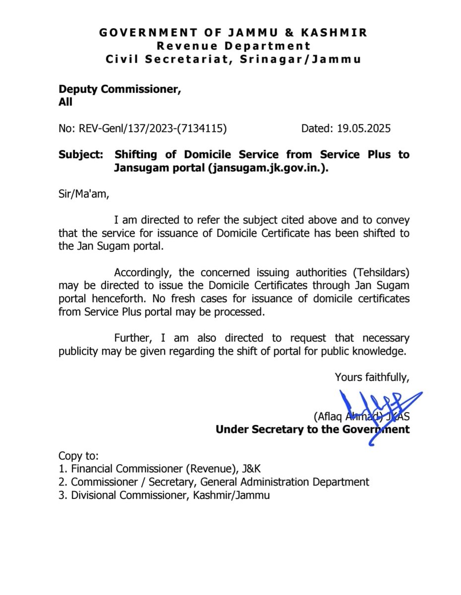 Informationspn's tweet image. Shifting of Domicile Service from #ServicePlus to #JansugamPortal

 @diprjk @dmshopian @shishrgupta @ddnewsSrinagar