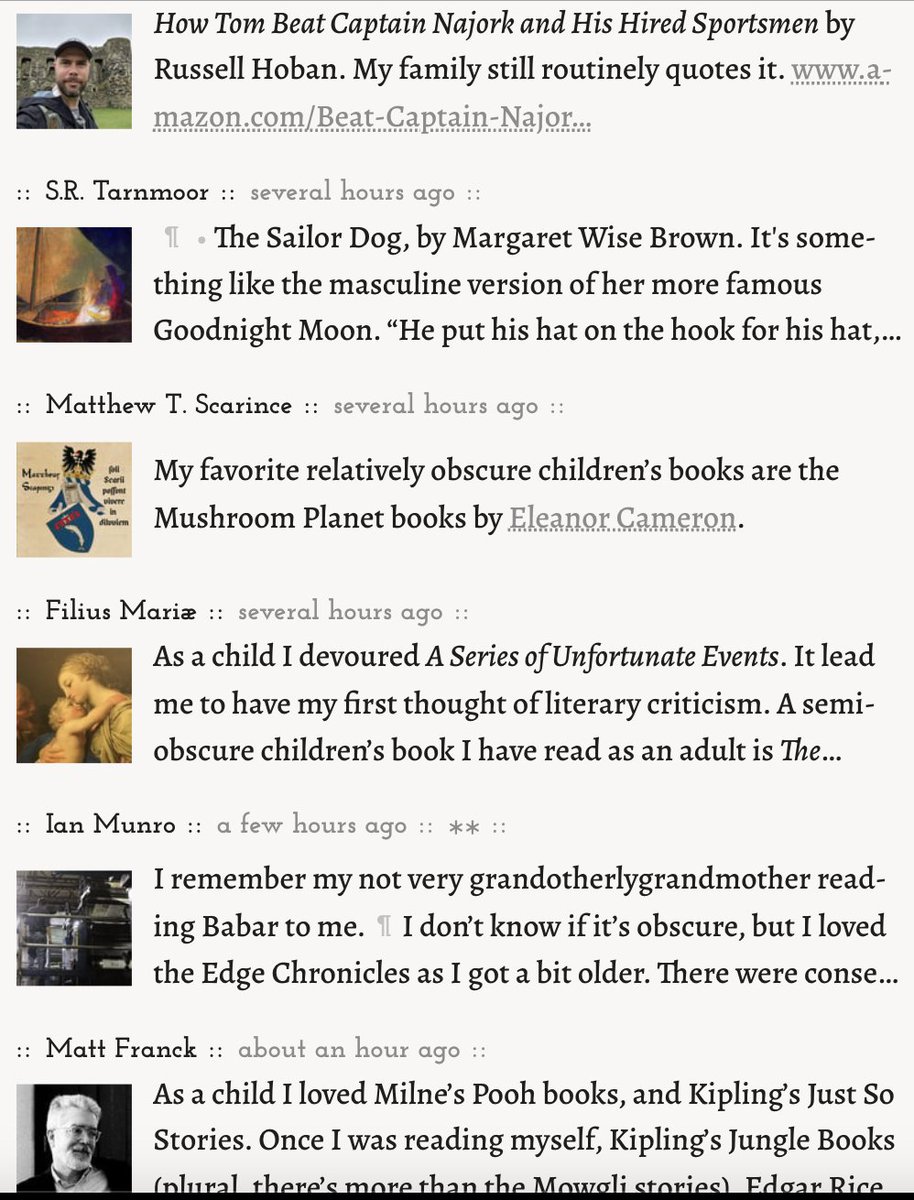 if you're feeling a bit down on humanity, consider posing a question along the lines of "what's your favorite book?" on Radiopaper

eg, what's your favorite children's book?
1/3