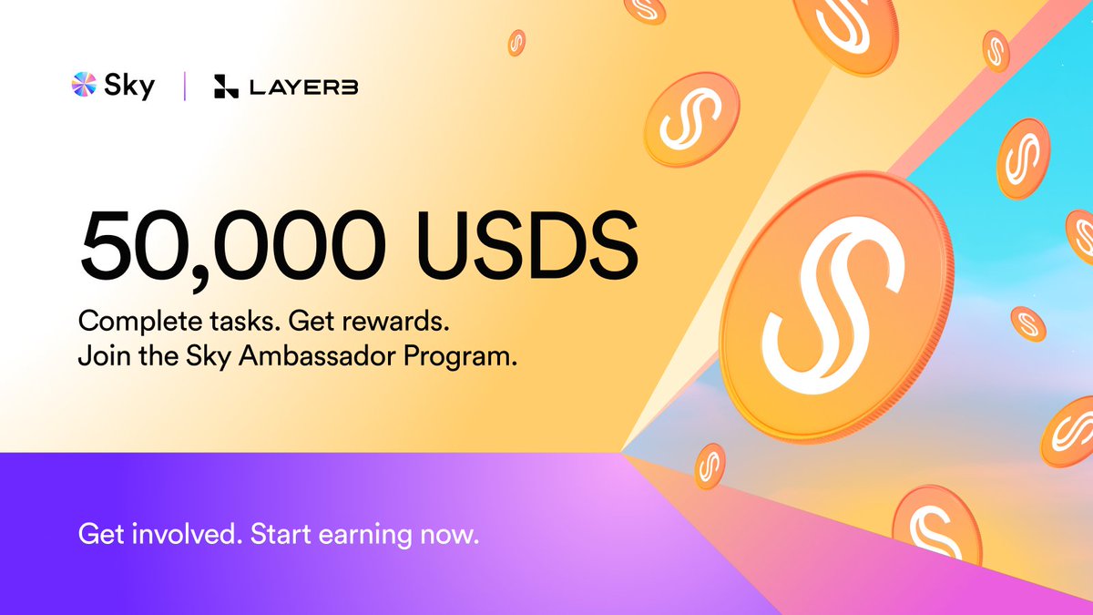 SkyEcosystem's tweet photo. Start saving. Start earning.

The Sky Campaign is now live on @layer3xyz.

Complete activations. Earn rewards in USDS.

It’s your entry point into the Sky Ecosystem.