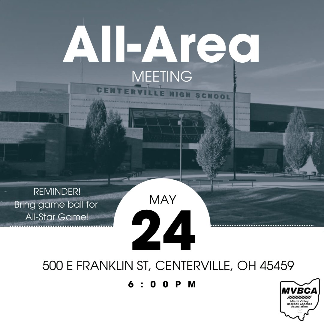🚨 Attention Coaches: The MVBCA All-Area Meeting is this Saturday at 6 PM at Centerville High School. 

If you haven't paid dues yet - you will need to at this meeting in order to vote.

Please remember to bring game balls for the All-Star Game as well!