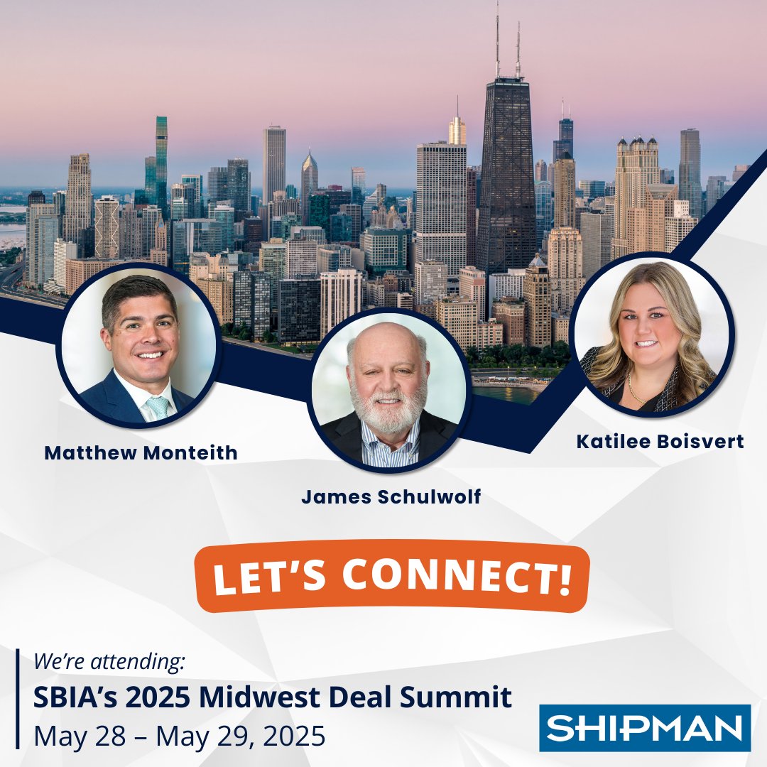 Next week, #Shipman’s Matt Monteith, James Schulwolf and Katilee Boisvert will be attending <a href="/SmallBusinessPE/">SBIA</a>'s 2025 Midwest Deal Summit. Shipman is proud to be a sponsor of this event, and we look forward to connecting with our clients, industry colleagues and friends in Chicago!