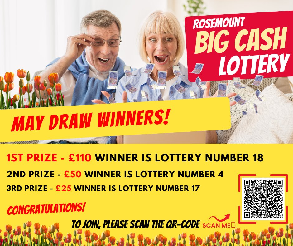 Congratulations to our  May Rosemount's BIG CASH Lottery draw WINNERS! 🤩🥳
✨1st Prize - £100 winner is Lottery Number 18🎉
2nd Prize - £50 - Number 4
3rd Prize £25 - Number 17

📌To join, please follow the link forms.office.com/e/vixLk5S2Gi or scan the QR-code below