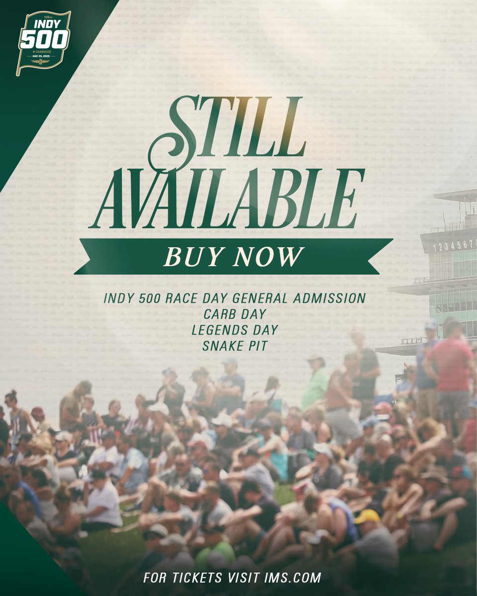 Indianapolis Motor Speedway (@ims) on Twitter photo SOLD. ๐ OUT. ๐
Reserved seats for the 109th #Indy500 presented by <a href="/GainbridgeSport/">Gainbridge Sports</a> are officially sold out. Race Day General Admission tickets are still available, as well as tickets to #CarbDay and #LegendsDay, and <a href="/Indy500SnakePit/">Indy 500 Snake Pit</a> wristbands.
#ThisIsMay | #INDYCAR SOLD. ๐ OUT. ๐
Reserved seats for the 109th #Indy500 presented by <a href="/GainbridgeSport/">Gainbridge Sports</a> are officially sold out. Race Day General Admission tickets are still available, as well as tickets to #CarbDay and #LegendsDay, and <a href="/Indy500SnakePit/">Indy 500 Snake Pit</a> wristbands.
#ThisIsMay | #INDYCAR
